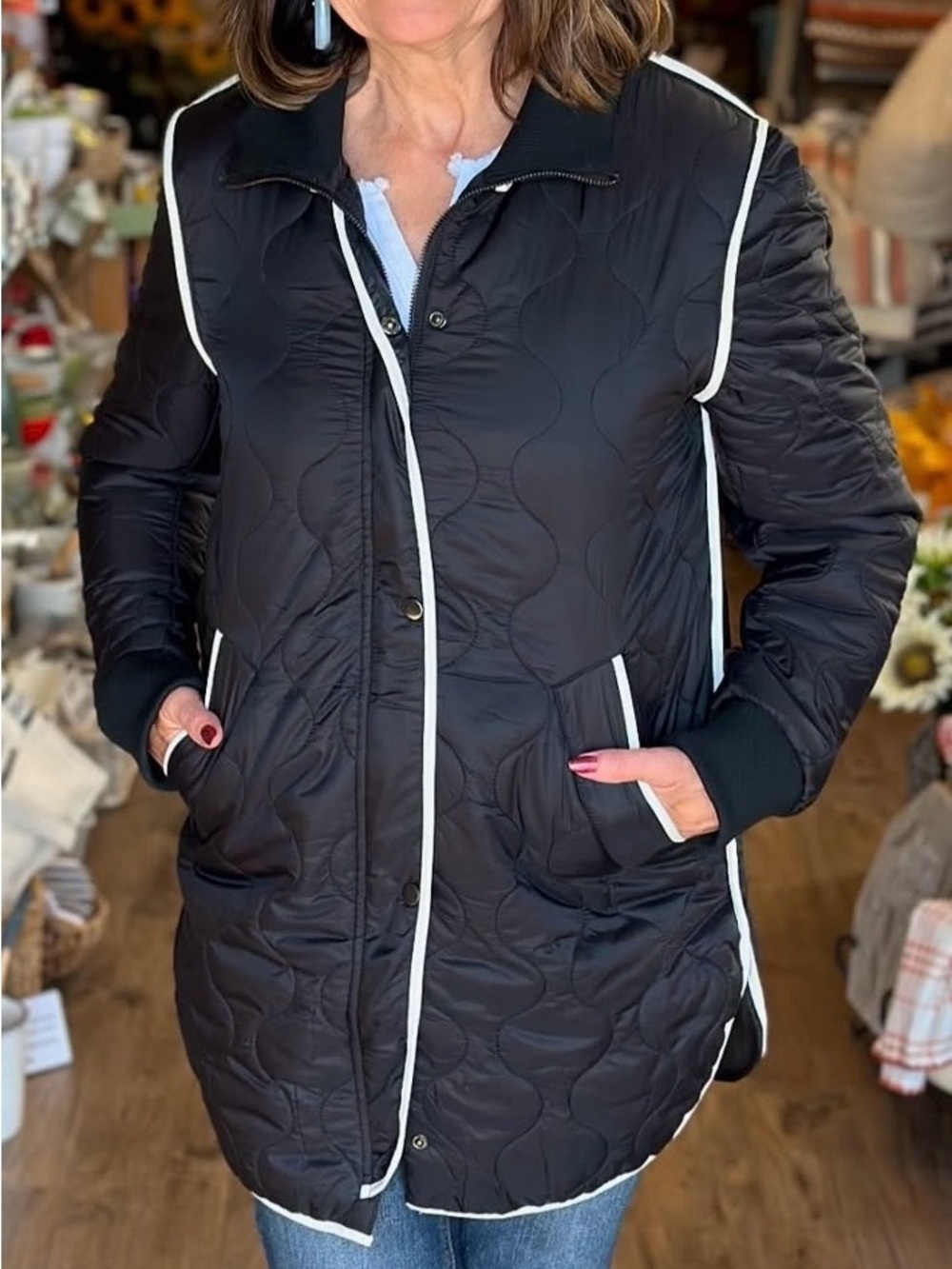 Charlie Paige Black Quilted Long Puffer Jacket with White Trim